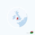 Map icon of Wales. Blue map of Europe with highlighted Wales in red color