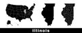 Map of Illinois state, USA. Set of Illinois maps with outline border, counties and US states map. Black and white color Royalty Free Stock Photo