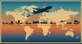 Map illustrating the evolution of transportation across a world map background. Royalty Free Stock Photo