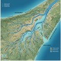 Map illustration shows a detailed landscape featuring a complex river system flowin Royalty Free Stock Photo