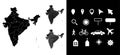 Map of India administrative regions departments, icons. Map location pin, arrow, man, bicycle, car, airplane