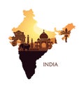 Map of India with a stylized landscape, the Taj Mahal and an elephant