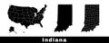 Map of Indiana state, USA. Set of Indiana maps with outline border, counties and US states map. Black and white color Royalty Free Stock Photo