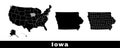 Map of Iowa state, USA. Set of Iowa maps with outline border, counties and US states map. Black and white color Royalty Free Stock Photo