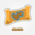 Map of the island with buried treasure. Vector stickers on the pirate theme Royalty Free Stock Photo