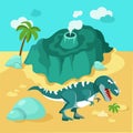 Map of island with volcano and dinosaur. Predatory animal Tyrannosaurus rex. Scene, background for games, design Royalty Free Stock Photo