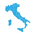 Map of Italy divided into 20 administrative regions. Blue land, white borders and white labels. Simple flat vector