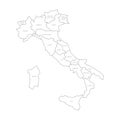 Map of Italy divided into 20 administrative regions. White land, black borders and black labels. Simple flat vector