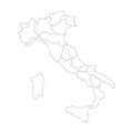 Map of Italy divided into 20 administrative regions. White land and black outline borders. Simple flat vector