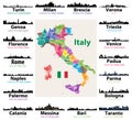 Map of Italy with largest italian cities skylines silhouettes