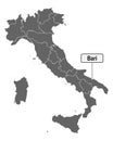 Map of Italy with road sign of Bari