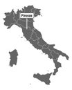 Map of Italy with road sign of Firenze