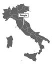 Map of Italy with road sign of Perugia