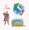 Map of Italy. Rome. Coliseum. Gladiator. Set. Royalty Free Stock Photo