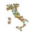 Map of Italy. Traditional Italian food symbols: Pizza and pasta. National landmarks of country: leaning tower of Pisa, Colosseum Royalty Free Stock Photo