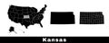 Map of Kansas state, USA. Set of Kansas maps with outline border, counties and US states map. Black and white color Royalty Free Stock Photo