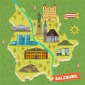 Traveling map with landmarks of Salzburg.