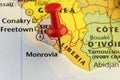 Map of Liberia red pin on capitol Monrovia.