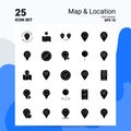 25 Map & Location Icon Set. 100% Editable EPS 10 Files. Business Logo Concept Ideas Solid Glyph icon design Royalty Free Stock Photo