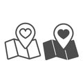 Map and location pin pointer with heart line and solid icon, dating concept, love navigation vector sign on white