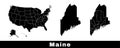 Map of Maine state, USA. Set of Maine maps with outline border, counties and US states map. Black and white color Royalty Free Stock Photo