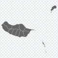 Blank map of Madeira. High quality map of Madeira with provinces on transparent background for your web site design, app, UI.