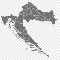 Blank map of Croatia. Departments and regions of Croatia map. High detailed gray vector map of Croatia on transparent background