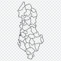 Blank map Republic of Albania. High quality map of Albania with districts on transparent background