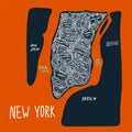 Map of Manhattan in parts of the city of new-York, USA. A flat hand-drawn illustration drawn in a line on a dark Royalty Free Stock Photo