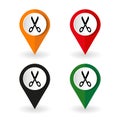 Map marker with scissors symbol. Vector illustration Royalty Free Stock Photo