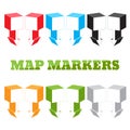 Map markers in form of large squares in isometric view. Set pins