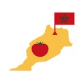 Map of Marocco with flag and round tomato on it. Tomatoes from Morocco consept. Vector isolated on white.