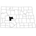 Map of Mercer County in North Dakota state on white background. single County map highlighted by black colour on North Dakota map