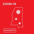 Map of Mississippi State labeled COVID-19. White outline map on a red background.
