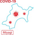 Map of Miyagi labeled COVID-19. Blue outline map on a white background.