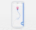 Mobile map gps, Smartphone map application and red pinpoint on screen, App search map navigation, isolated on line maps background Royalty Free Stock Photo