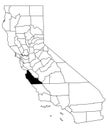 Map of Monterey County in California state on white background. single County map highlighted by black colour on California map.