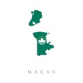 Map and National flag of Macau. Map outline and flag of Macau, green with a lotus water in white, and five gold star. Map of Macao
