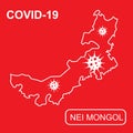 Map of Nei Mongol labeled COVID-19. White outline map on a red background.