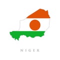 Map of Niger on a blue background, Flag of Niger on it. Vector isolated simplified illustration icon with silhouette of Niger map