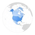 Blue Map of North America in a 3d globe of the earth Royalty Free Stock Photo