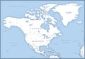 Map of North America with names of countries, capitals and cities