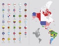 Map of North and South America. Flags of the Americas