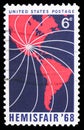 Map of North and South America, Lines Converging on Texas, Hemisfair 1968 Issue serie, circa 1968 Royalty Free Stock Photo