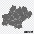 Map Occitania on transparent background. Region Occitania of France map with districts in gray for your design.