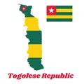 Map outliMap outline and flag of Togo, Five equal horizontal bands of greenne and flag of Togo, Five equal horizontal bands of gre