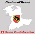 Map outline and Coat of arms of Bern, The canton of Switzerland, name text Canton of Berne and Swiss Confederation.