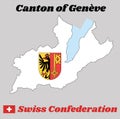 Map outline and Coat of arms of Geneva, The canton of Switzerland with name text Canton of Geneve.