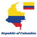 Map outline of Colombia, a horizontal tricolor of yellow double-width, blue and red.