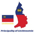Map outline country shaped and flag of Liechtenstein, It is a horizontal bicolor of blue and red, charged with a gold crown.